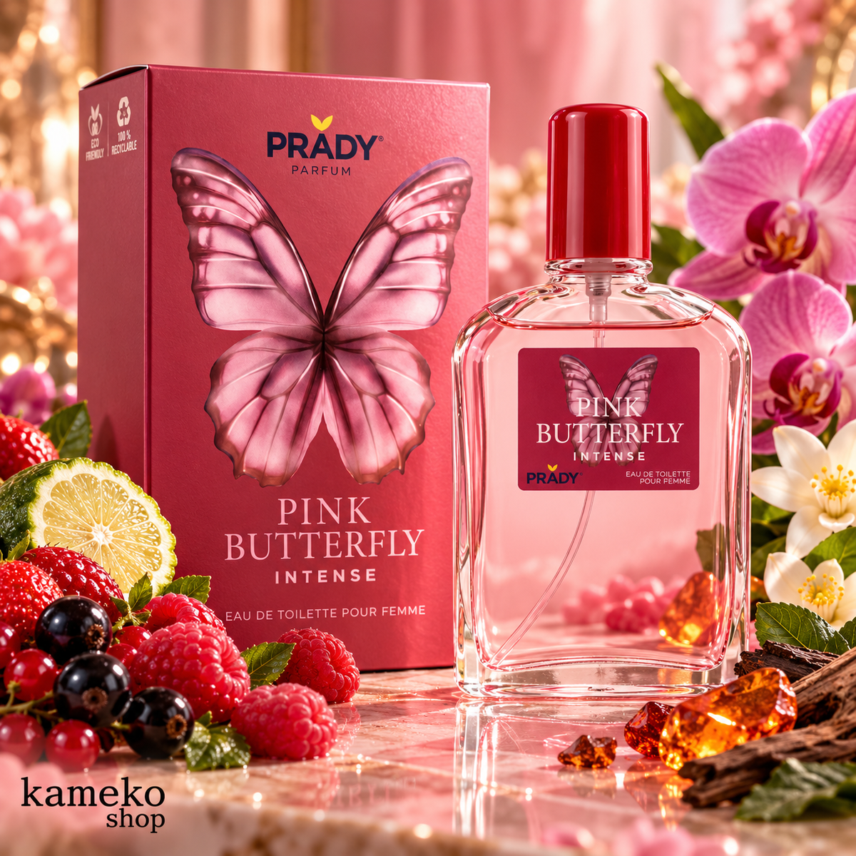 PRADY Pink Butterfly Intense Eau de Toilette | Colonia Femenina Afrutada y Floral de Frambuesa, Orquídea y Ámbar